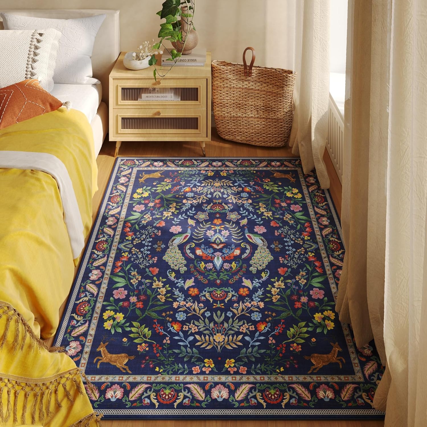 Navy Peacock Deer Floral Area  - Retro Gaming Rug recension och pris